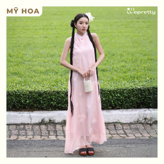 Váy sườn xám suông dài - MỸ HOA  AH14 in hoa phối cúc vải Wepretty Clothes BST Mộng Kỳ Tết 2025