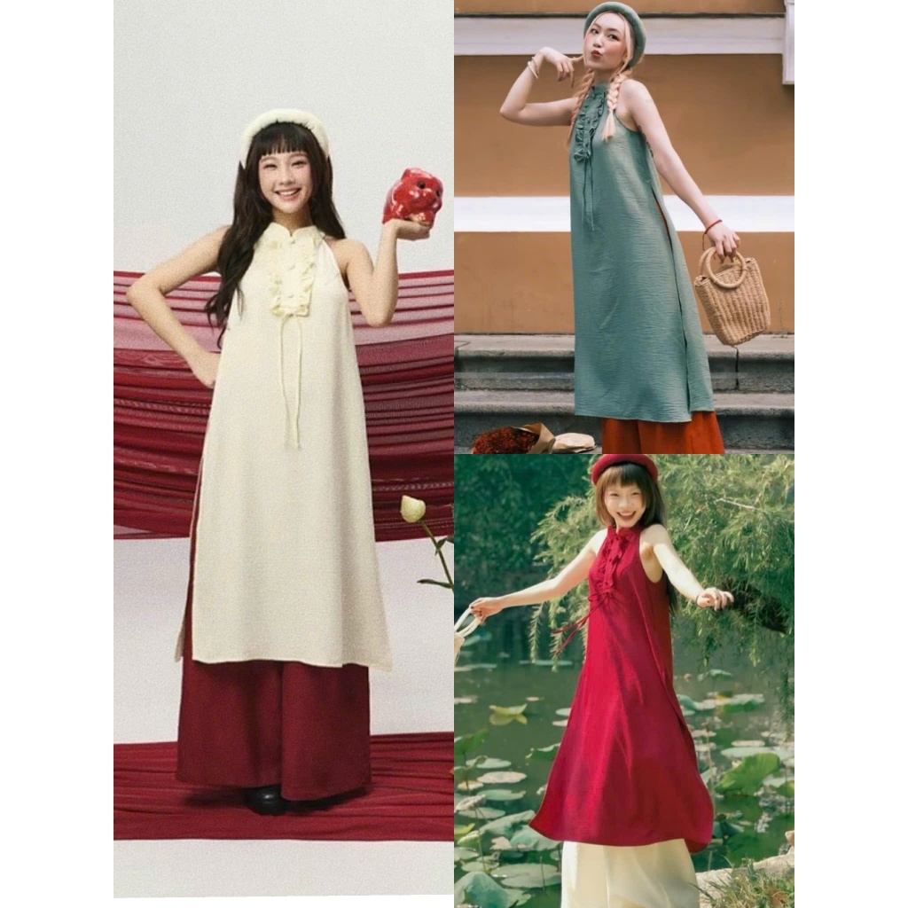 Set áo dài cách tân S.209, Set áo dài cổ yếm 3 cúc bọc chất đũi mềm mại phong cách vintage - Shop Chấm Bi