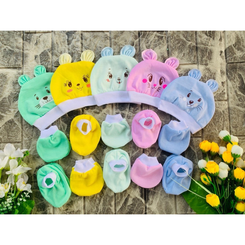 Combo 4 Sét Mũ Bao Tay Bao Chân Sơ Sinh HÌNH THÚ Mềm Mại Đáng Yêu Cute Cho Bé