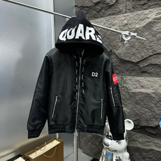 Áo khoác bomber gió nam nữ Dsq2 dệt mũ nỉ 2 lớp in chữ trắng ngực và tay thêu logo D2 kèm khoá zip túi gió