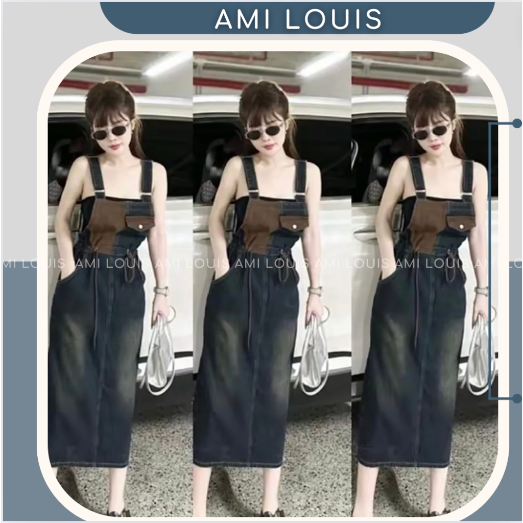 Quần Yếm, Váy Jean Yếm Nữ Váy Jean Dài Nữ Ami Louis Jeans Denim Màu Phối Vàng Thời Trang Hàn Quốc