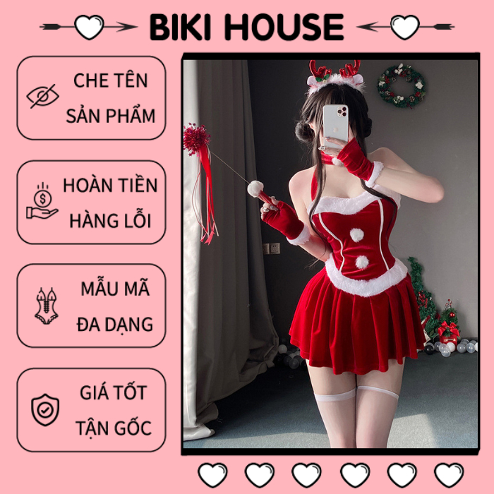 Váy giáng sinh dáng xoè nhung viền bông siêu đẹp dễ thương cosplay noel christmas đỏ mềm mại gợi cảm