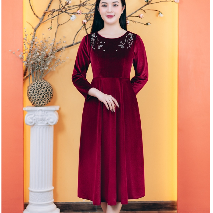 Đầm xòe - Cổ tròn đính hạt đá tay lỡ - Đỏ đô - TTV Store thời trang nữ TTV1784