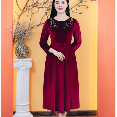 Đầm xòe - Cổ tròn đính hạt đá tay lỡ - Đỏ đô - TTV Store thời trang nữ TTV1784