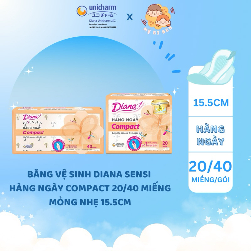 [Gói 20/ Gói 40] Băng Vệ Sinh Diana Sensi Hàng Ngày Compact 20/40 miếng mỏng nhẹ 15.5cm