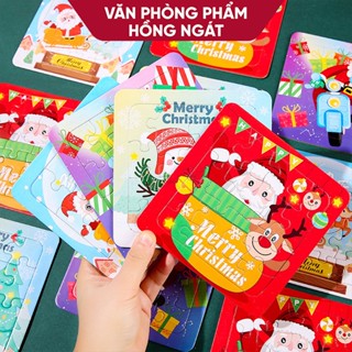 Xếp hình vuông tranh ghép 16 mảnh kèm tô màu chủ đề giáng sinh cho bé, đồ dùng làm quà tặng học sinh mùa Noel N066