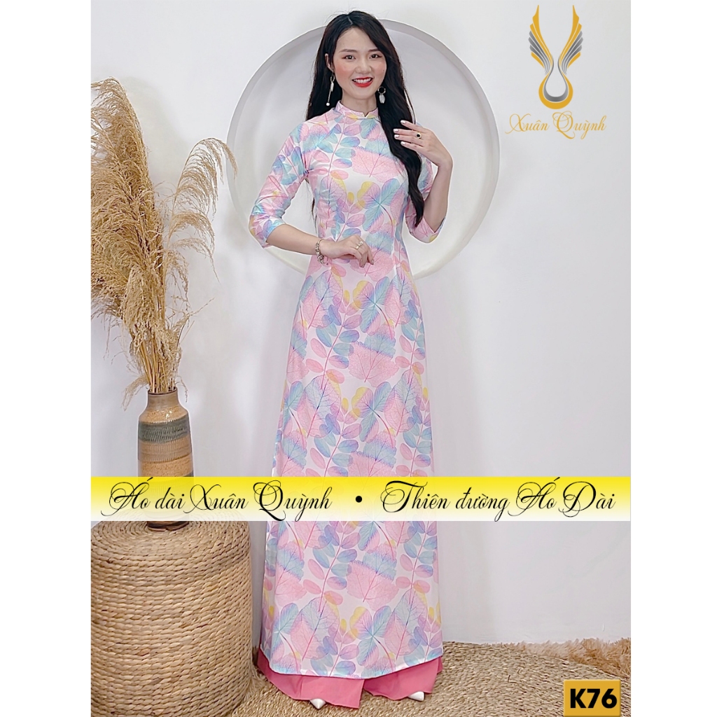 Áo Dài Hoạ Tiết Lá Ombre Hồng Trẻ Trung, Thanh Lịch Lụa Habutai K76 - Áo Dài Xuân Quỳnh