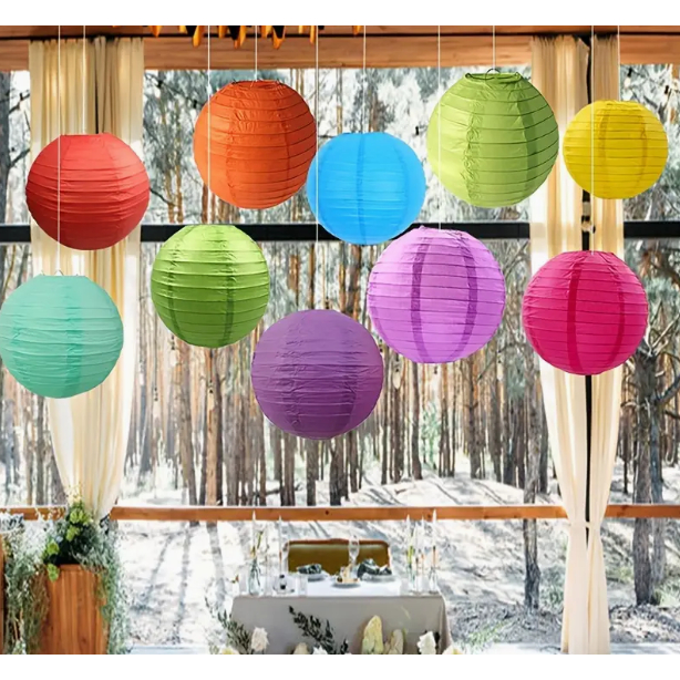 Đèn lồng đỏ, lồng đèn tròn, lồng đèn treo vải lụa tròn nhiều màu trang trí tết, nhà hàng, cà phê