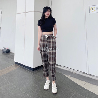  Quần baggy kẻ caro nữ chất vải umi flannel co giãn mềm mịn ít nhăn lưng cao cạp chun dây rút có túi 