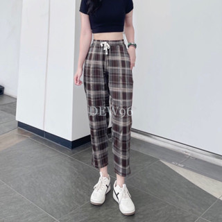 Quần baggy kẻ caro nữ chất vải umi flannel co giãn mềm mịn ít nhăn, lưng cao cạp chun dây rút có túi