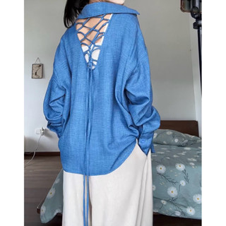 [HÌNH THẬT ĐỘC QUYỀN CUBEDLEMON] Áo sơ mi dáng dài, rộng đan dây sau lưng