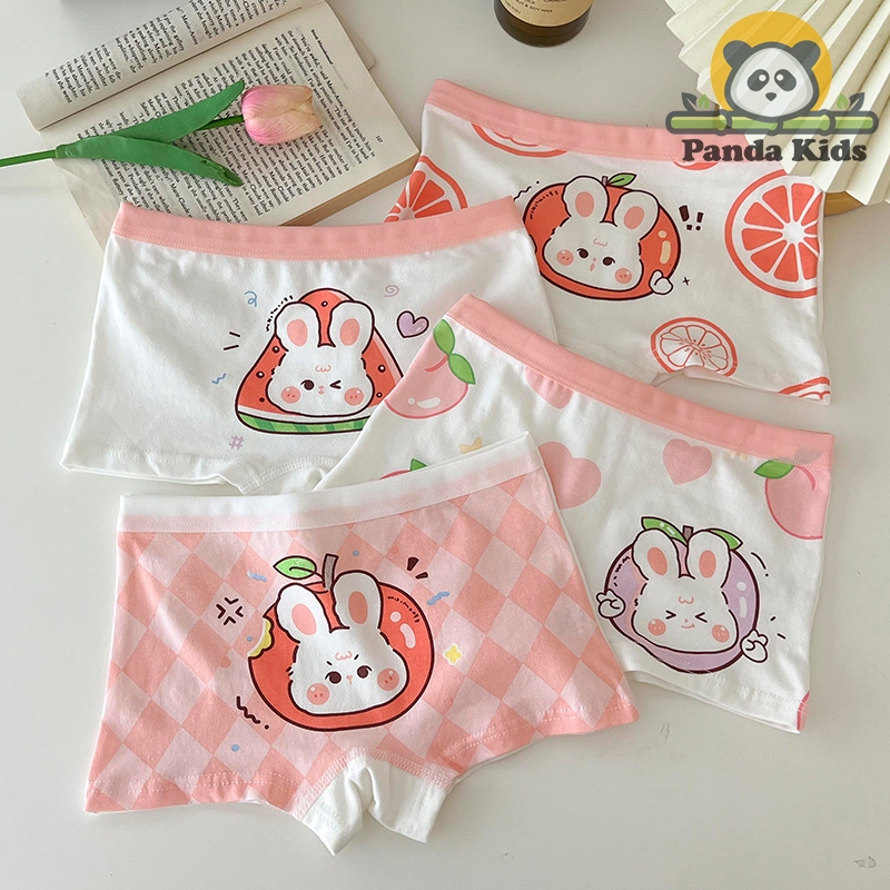 Combo 4 quần chíp đùi cho bé gái họa tiết Thỏ dưa hấu, quần lót tam giác cotton thoáng mát co giãn