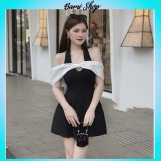Váy Cổ Yếm Phối Vạt Trễ Vai Trắng Khoét Ngực Hở Lưng Dáng A Tiểu Thư