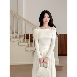 Áo Len Nữ Kem Trễ Vai ELYSNIE Phối Tơ Nhún Vai Phong Cách Hàn Quốc Hazel Top