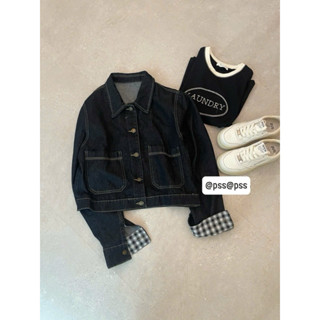 Áo khoác jeans nữ dáng vừa chỉ nổi phối tay caro hàng Qc l1 - sẵn