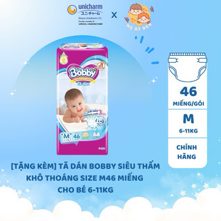 Tã Dán Bobby siêu thấm khô thoáng size M46 miếng cho bé 6-11kg