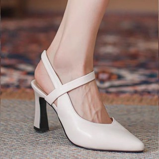  giày cao gót trắng mũi nhọn 7 phân guốc nữ da mềm đế vuông 