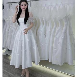 Đầm Tiệc Tacta Trắng Tiểu Thư Đính Nơ