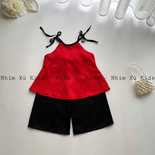   4-28kg  Sét Bộ Yếm Gấm Đỏ NHÍM XÙ KIDS Cho Bé Gái Sơ Sinh Đầy Tháng Thôi Nôi Sinh Nhật S031 