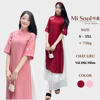 Áo Dài Thêu Hoa Đính Cúc Ngọc Chéo Tay Lỡ Kèm Chân Váy Dáng Dài Có Lót Trong Cạp Chun Vải Đũi BigSize Misoul 348