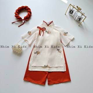   4-30kg  Áo Dài Hoa Kem Thêu NHÍM XÙ KIDS Cho Bé Gái 6tháng 1 Tuổi Đến 8 Tuổi AD136 
