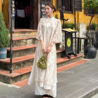  Áo dài voan tơ Bạch Vũ in hoa phối thắt nơ đôi kèm quần satin bóng vintage 