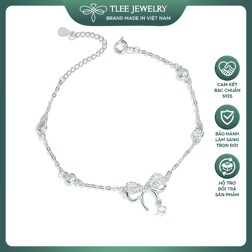 Lắc tay bạc nữ TLEE, vòng tay nơ treo hạt đá nhẩy lấp lánh TLEE JEWELRY LT0214 | BigBuy360 - bigbuy360.vn