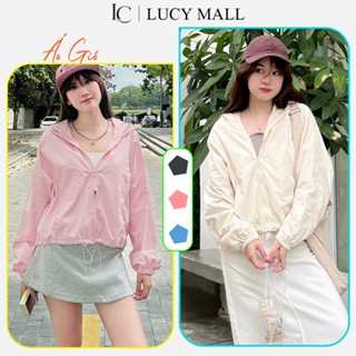 Áo Khoác gió dù Nhăn nữ Lucy Mall dáng lửng Có Mũ Dây Rút Chắn Gió Chống Nắng Hàn Quốc Form Lửng cao cấp