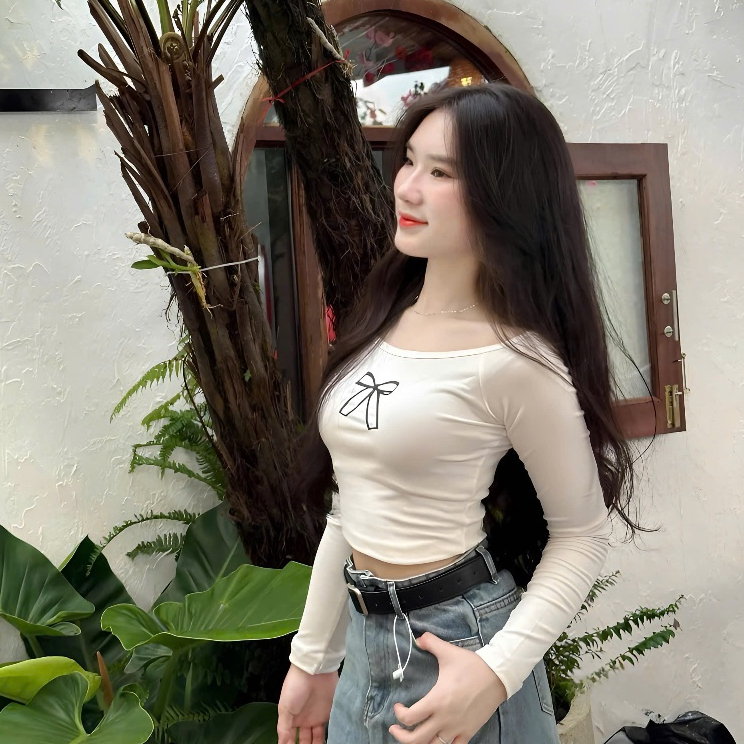 Áo Thun Tăm Trễ Vai In Hình Nơ Chất Liệu Co Dãn Dáng Tiểu Thư | BigBuy360 - bigbuy360.vn