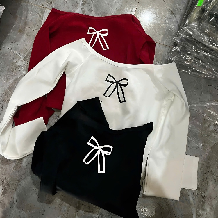 Áo Thun Tăm Trễ Vai In Hình Nơ Chất Liệu Co Dãn Dáng Tiểu Thư | BigBuy360 - bigbuy360.vn