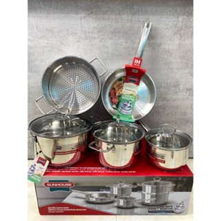  Bộ nồi chảo inox đáy từ 5 lớp Sunhouse SHG991 gồm 5 món  nồi 24cm,chảo 24cm xửng 24cm,nồi 20cm,quánh 16cm  