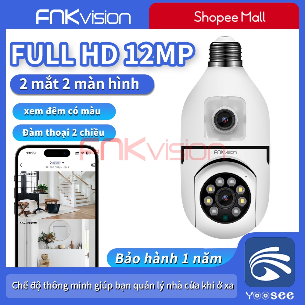 【Fnkvision】Camera Yoosee 2 mắt kết nối bằng đui đèn E27 U20T 12 MP ,xem đồng thời 2 giao diện - bảo 