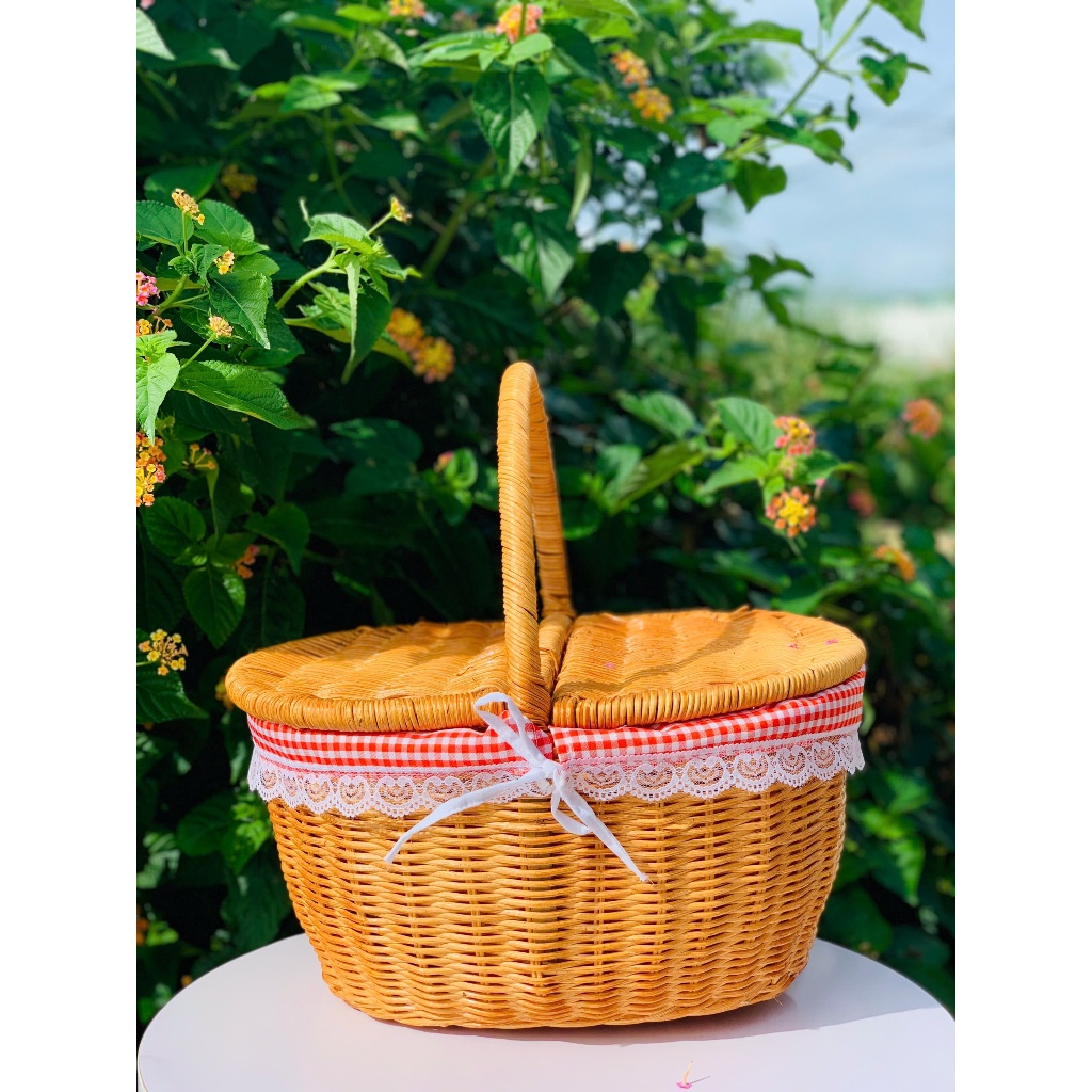 Giỏ Mây Picnic Có Lót Vải, Có Nắp Đậy/ Đồ Dùng Nhà Bếp Decor Chụp Ảnh Studio/ Đạo Cụ Chụp Hình
