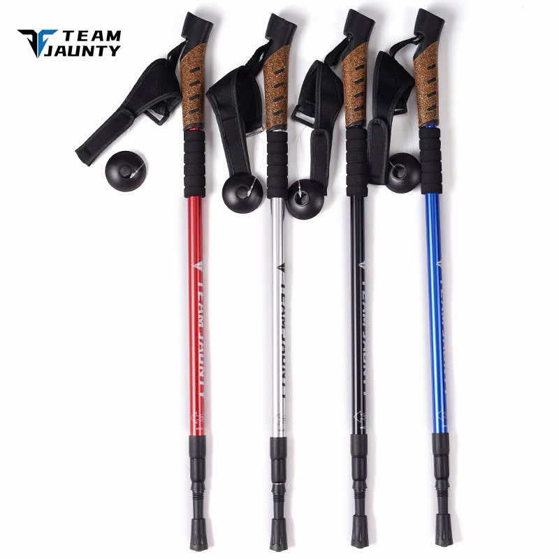 Gậy leo núi trekking thu gọn TEAM JAUNTY tay cầm mùn gỗ, gậy đi bộ hợp kim nhôm cao cấp