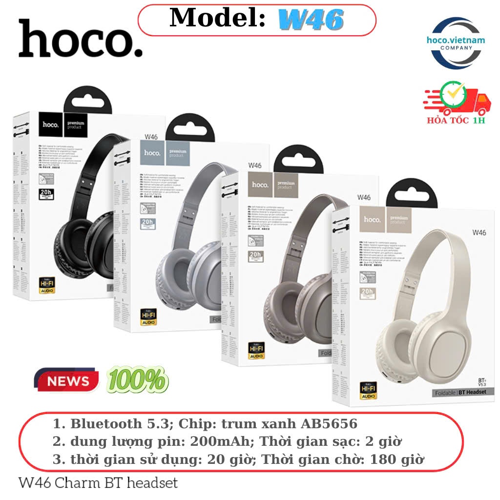 Tai Nghe Chụp Tai bluetooth,Tai Nghe Headphone Hoco W46 âm bass siêu hay,Pin 20h sử dụng,Chờ 180h