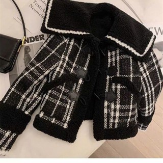 Áo khoác dạ tweed thủy thủ kẻ caro phong cách tiểu thư, áo lót lông cừu mềm mịn mẫu hot mùa đông