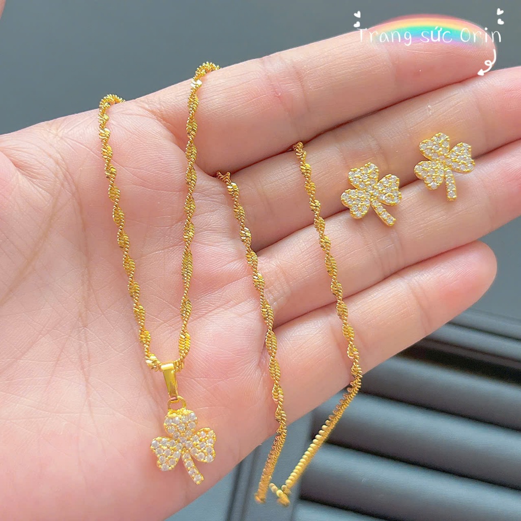 Bộ trang sức, dây chuyền bông tai cỏ ba lá đính đá kiểu sang trọng ORIN EB5