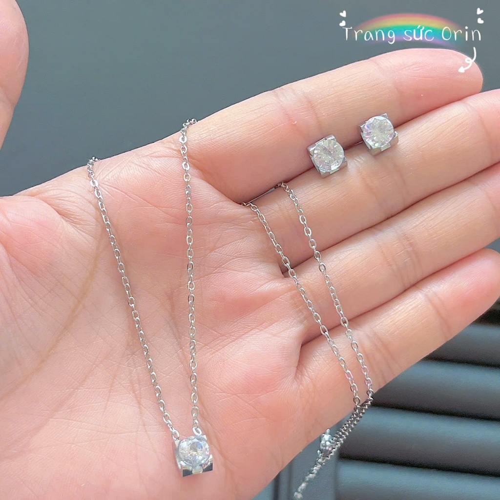 Bộ trang sức, dây chuyền bông tai trắng 1 viên đá đơn giản sang trọng ORIN EB10