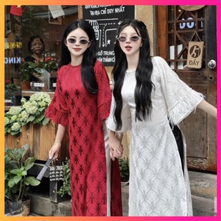 Áo Dài Gấm Tết Cách Tân Cổ Tròn Đính Ngọc Tay Lông Vũ Cao Cấp Hàng May Sẵn