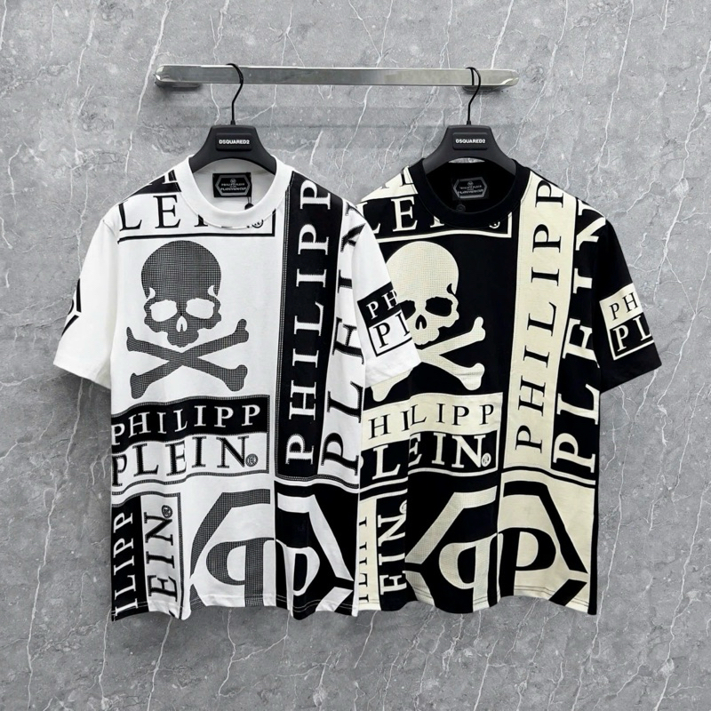 Áo Phông Nam Nữ Premium Cotton Philipp Plein In Hoạ Tiết Vạch Chữ Logo Xương Đầu Lâu Hàng Quảng Châu