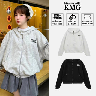 Hoodie Zip Unisex Nam Nữ Boxy Mon Form Rộng Boxy Logo In Dập Nổi KMG FASHION