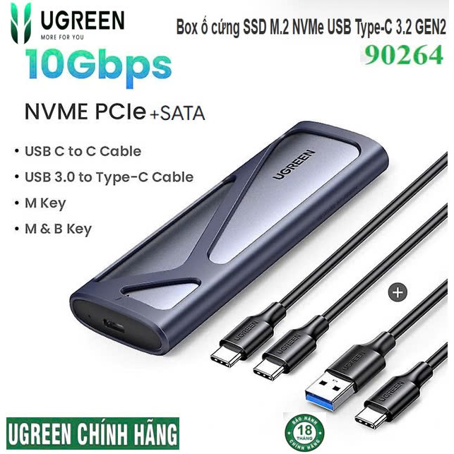 Hộp Box M.2 Ugreen 90264 CM400 USB C 3.2 GEN 2,Sata /NVMe + NGFF 10Gbps, loại Vỏ Nhôm Cao Cấp