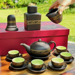  Bộ ấm chén uống trà ấm pha trà Bát Tràng đất Tử Sa hoạ tiết Lạc Việt lòng chén men xanh ngọc cao cấp 