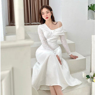 Váy tafta phối lệch vai dài tay V2084 Kymie