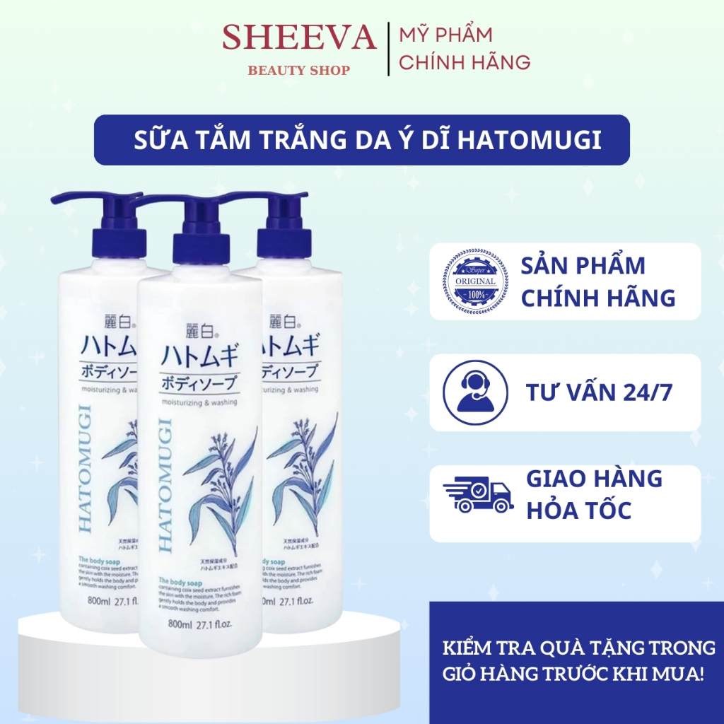 Sữa Tắm Dưỡng Ẩm, Trắng Da Chiết Xuất Hạt Ý Dĩ Hatomugi Moisturizing Washing 800ml, Sheeva Beauty