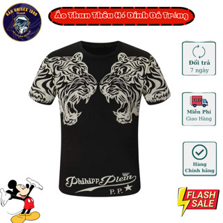 Áo Thun Nam Hổ Trắng Đính Đá Ngọc Kim Cương, Chất Cotton Cổ Tròn, Mềm, Mịn Thoáng Mát