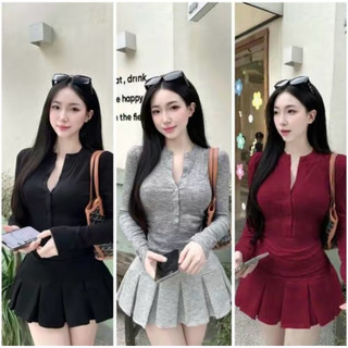  Sét nữ Bigsize tay dài phối cúc + Chân váy xếp ly có quần bảo hộ đồng chất   Bigsize :40-85kg   