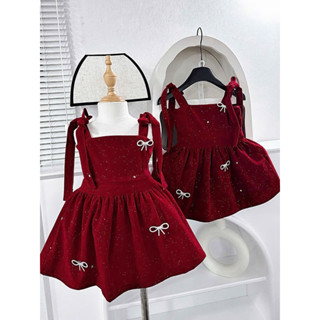 Váy nhung hai dây kèm tag cài nơ Y HÌNH váy liền xinh bồng bềnh cho bé gái