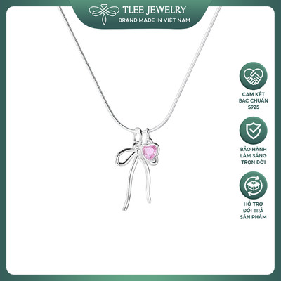 Dây chuyền bạc nữ TLEE, vòng cổ dây mì mặt hình nơ trơn mix đá tim hồng xinh xắn TLEE JEWELRY D0272