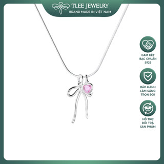Dây chuyền bạc nữ TLEE, vòng cổ dây mì mặt hình nơ trơn mix đá tim hồng xinh xắn TLEE JEWELRY D0272